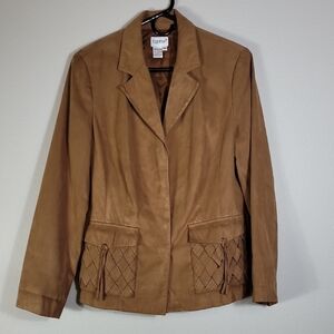 Vintage Together Women Faux Suede Jacket Size 12 Brown Tan Fringe Y2K Buttons